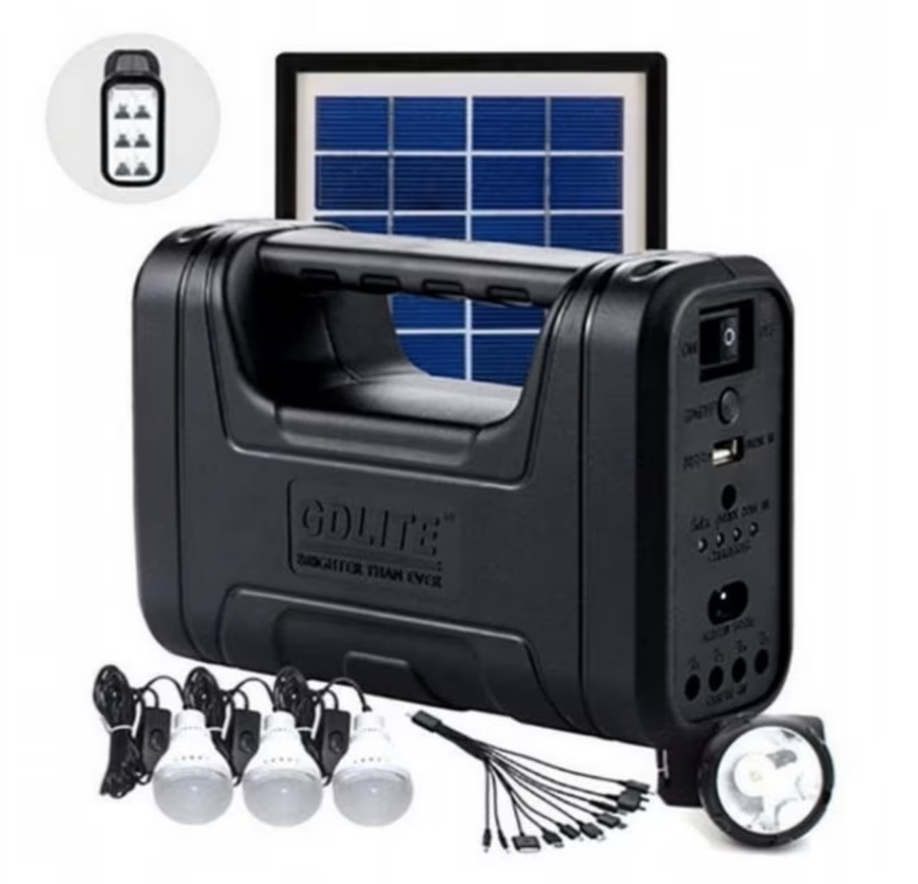 Kit solar GD Lite 1 dotat cu dispozitive USB cu 3 becuri LED si acumulator de mare capacitate